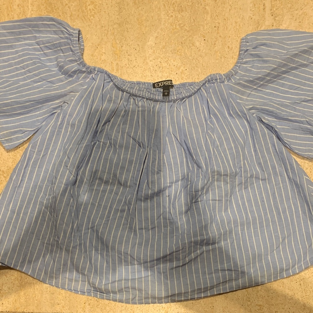 Express Light Blue Off-Shoulder Blouse with White Stripes